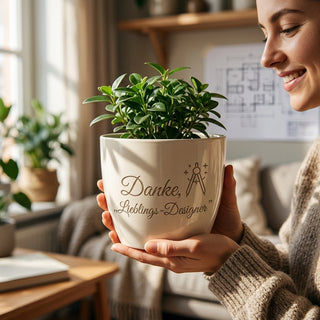 Blumentopf mit Gravur „Danke, Lieblings-Designer“ — Geschenk UI Designer — im Wohnambiente