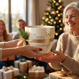 Personalisierter Blumentopf mit Gravur — Danke Geschenk für Servicekraft — als persoenliche Geschenk-Uebergabe