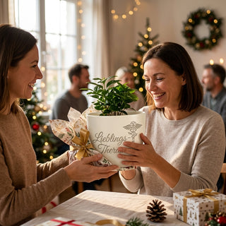 Personalisierter Blumentopf mit Gravur — Geschenk Psychotherapeutin — als persoenliche Geschenk-Uebergabe