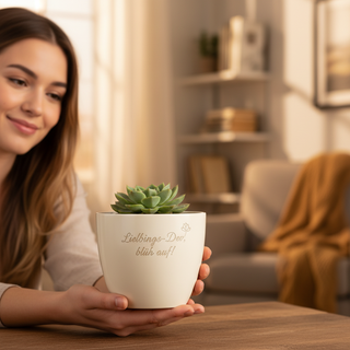 Personalisierter Blumentopf mit Gravur — Geschenk Backend Entwickler — im Wohnambiente