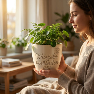 Personalisierter Blumentopf mit Gravur — Geschenk Cousine Geburtstag — im Wohnambiente