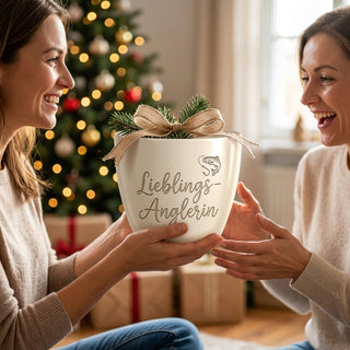 Personalisierter Blumentopf mit Gravur — Geschenk Fischerin Anglern — als persoenliche Geschenk-Uebergabe