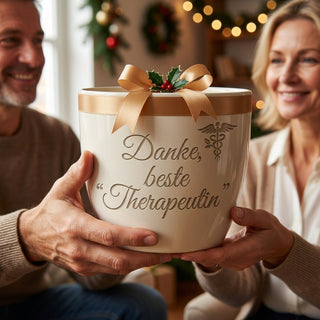 Personalisierter Blumentopf mit Gravur — Danke Geschenk Wellness Therapeutin — als persoenliche Geschenk-Uebergabe