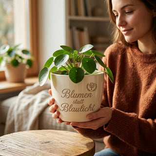 Blumentopf mit Gravur »Blumen statt Blaulicht« — Geschenk für Rettungsdienst — im Wohnambiente