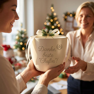 Blumentopf mit Gravur „Danke, beste Chefin!“ — Geschenk für Teamleiterin — als persoenliche Geschenk-Uebergabe