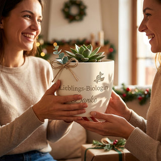 Personalisierter Blumentopf — Danke Geschenk für Biologin mit Gravur — als persoenliche Geschenk-Uebergabe
