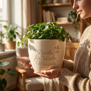 Personalisierter Blumentopf — Dankeschön Geschenk Pilatestrainer — im Wohnambiente