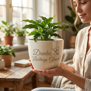 Personalisierter Blumentopf mit Gravur — Danke Geschenk für Glaser — im Wohnambiente