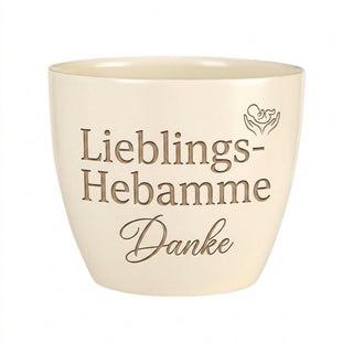 Personalisierter Blumentopf mit Gravur — Danke Geschenk für Hebamme — Detailansicht der Lasergravur