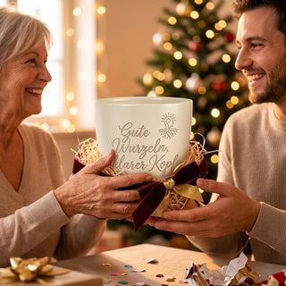 Personalisierter Blumentopf mit Gravur — Geschenk für Prüflinge zur Klausur — als persoenliche Geschenk-Uebergabe