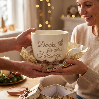 Personalisierter Blumentopf mit Gravur — Danke Geschenk für Pflegerin — als persoenliche Geschenk-Uebergabe