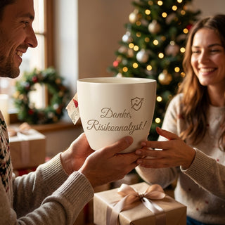 Personalisierter Blumentopf mit Gravur — Geschenk Risikoanalyst zum Abschied — als persoenliche Geschenk-Uebergabe