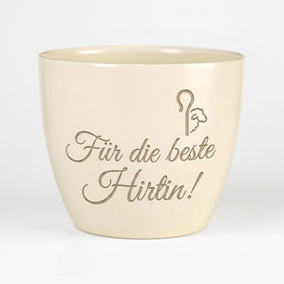 Personalisierter Blumentopf mit Gravur — Geschenk für Hirtin — Detailansicht der Lasergravur