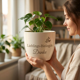 Personalisierter Blumentopf — Danke Geschenk für Biologin mit Gravur — im Wohnambiente