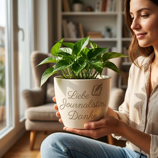Personalisierter Blumentopf mit Gravur — Geschenk Journalistin Dank — im Wohnambiente