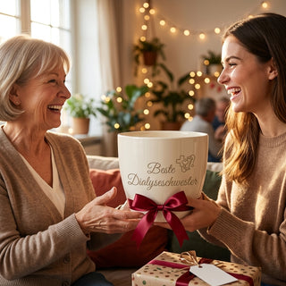 Personalisierter Blumentopf mit Gravur — Geschenk Dialyseschwester Abschied — als persoenliche Geschenk-Uebergabe