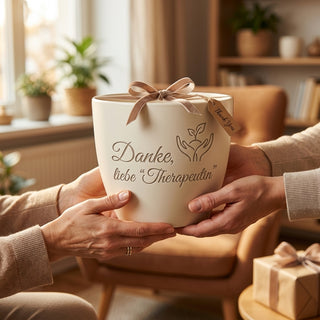 Personalisierter Blumentopf — Danke Geschenk für Familientherapeutin — als persoenliche Geschenk-Uebergabe