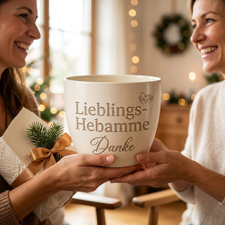 Personalisierter Blumentopf mit Gravur — Danke Geschenk für Hebamme — als persoenliche Geschenk-Uebergabe