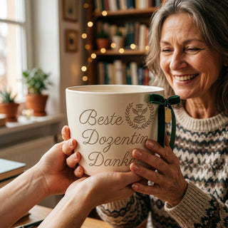Personalisierter Blumentopf mit Gravur — Geschenk Dozentin Abschied Dankeschön — als persoenliche Geschenk-Uebergabe