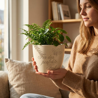 Personalisierter Blumentopf mit Gravur — Geschenk Event Manager Dankeschön — im Wohnambiente