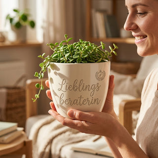 Personalisierter Blumentopf mit Gravur — Geschenk für Kundenberaterin — im Wohnambiente