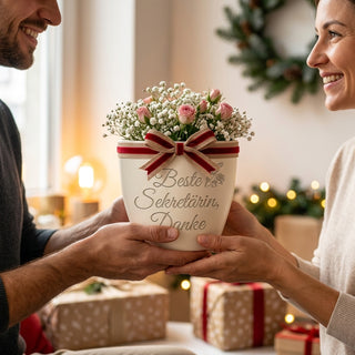 Personalisierter Blumentopf mit Gravur — Geschenk Sekretärin Danke Abschied — als persoenliche Geschenk-Uebergabe