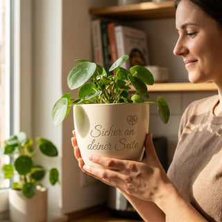 Personalisierter Blumentopf mit Gravur — Geschenk Personenschützer Dienstjubiläum — im Wohnambiente