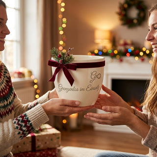 Personalisierter Blumentopf mit Gravur — Geschenk Zollbeamter Dienstjubiläum — als persoenliche Geschenk-Uebergabe