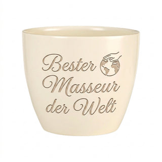 Personalisierter Blumentopf mit Lasergravur — Geschenk Sportmasseur & Physio — Detailansicht der Lasergravur