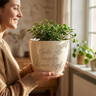 Personalisierter Blumentopf mit Gravur — Geschenk für Prüflinge zur Klausur — im Wohnambiente
