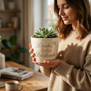 Geschenk für Bildhauer – Blumentopf mit persönlicher Gravur — im Wohnambiente