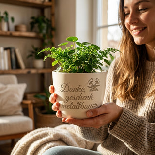 Einzigartiger Blumentopf mit Gravur für Metallbauer – Danke — im Wohnambiente