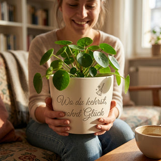 Blumentopf „Wo du kehrst, wohnt Glück“ — Geschenk Schornsteinfeger Berufung — im Wohnambiente