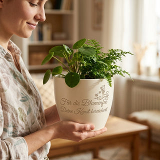 Personalisierter Blumentopf mit Gravur — Geschenk für Floristin — im Wohnambiente
