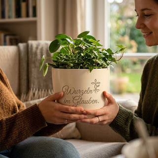 Einzigartiger Blumentopf mit Gravur – Geschenk für Pfarrer — im Wohnambiente