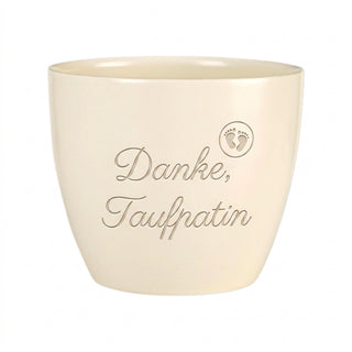 Blumentopf mit Gravur „Danke, Taufpatin“ — personalisiertes Geschenk zur Taufe — Detailansicht der Lasergravur