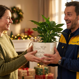 Personalisierter Blumentopf mit Gravur — Danke Geschenk Postbote — als persoenliche Geschenk-Uebergabe