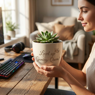 Personalisierter Blumentopf mit Gravur — Gaming Geschenk für Gamerinnen — im Wohnambiente