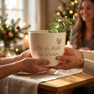 Personalisierter Blumentopf mit Gravur — Geschenk Store Manager Abschied — als persoenliche Geschenk-Uebergabe