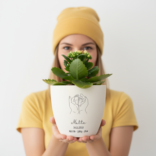 Geschenk zur Geburt Baby -  Blumentopf graviert mit Geburtsdaten