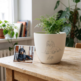 Aus dem Foto des Hundes wird eine One-Line-Gravur auf dem Blumentopf