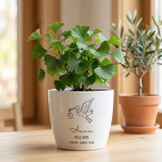 Personalisierter Hochglanz-Blumentopf – Babygeschenk mit Name & Geburtsdaten