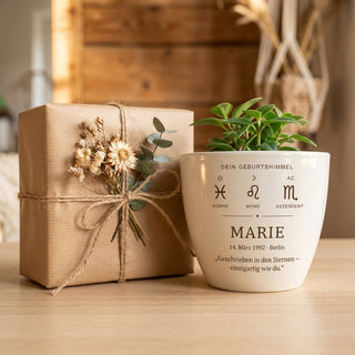 Geburtshimmel-Topf als persönliches Geschenk verpackt