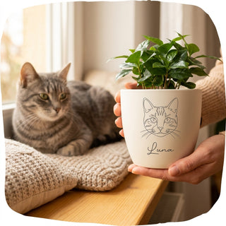 Blumentopf mit graviertem Katzenporträt als One-Line-Art